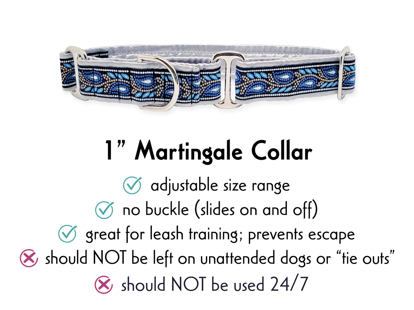 1 Inch Wide Silver, Blue Paisley Vines Martingale Dog Collar by The Hound Haberdashery