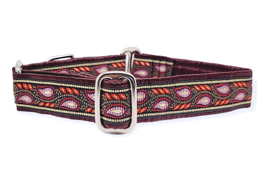 1 Inch Wide Plum, Crimson Paisley Vines Dog Collar by The Hound Haberdashery