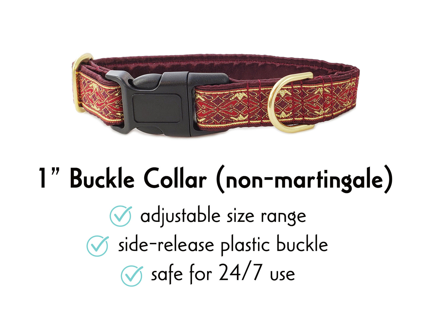 1 Inch Wide Burgundy, Gold Clifden Buckle Dog Collar by The Hound Haberdashery