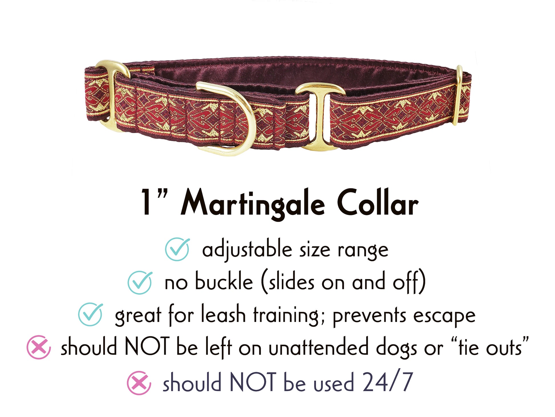 1 Inch Wide Burgundy, Gold Clifden Martingale Dog Collar by The Hound Haberdashery