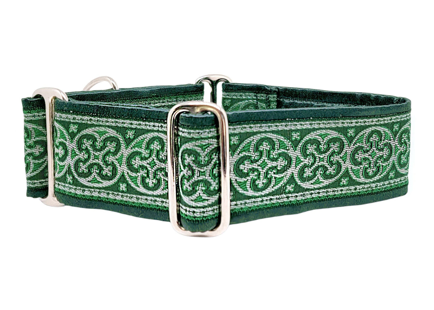 2 Inch Wide Green, Silver Celtic Cross Dog Collar by The Hound Haberdashery