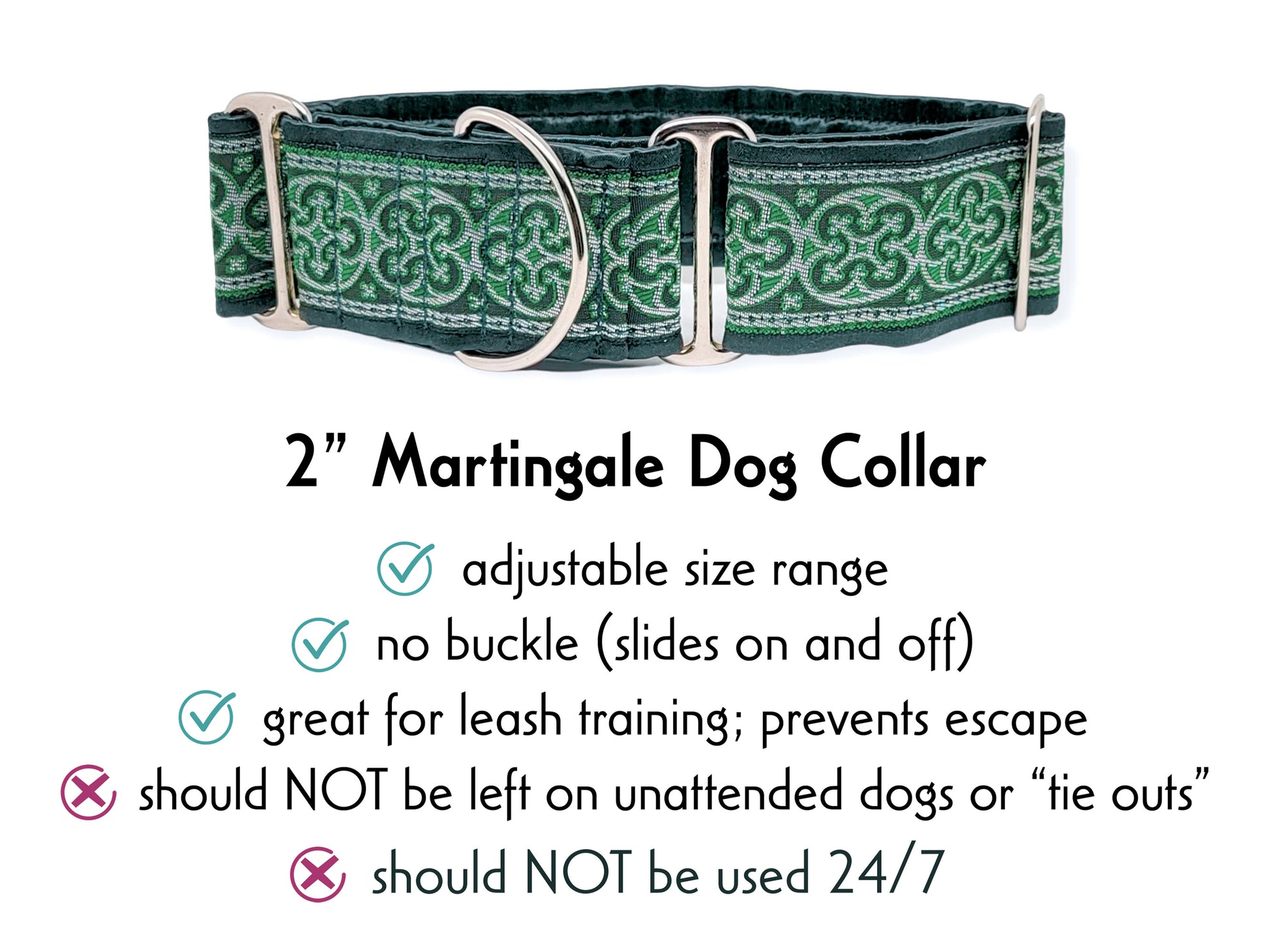 2 Inch Wide Green, Silver Celtic Cross Martingale Dog Collar by The Hound Haberdashery