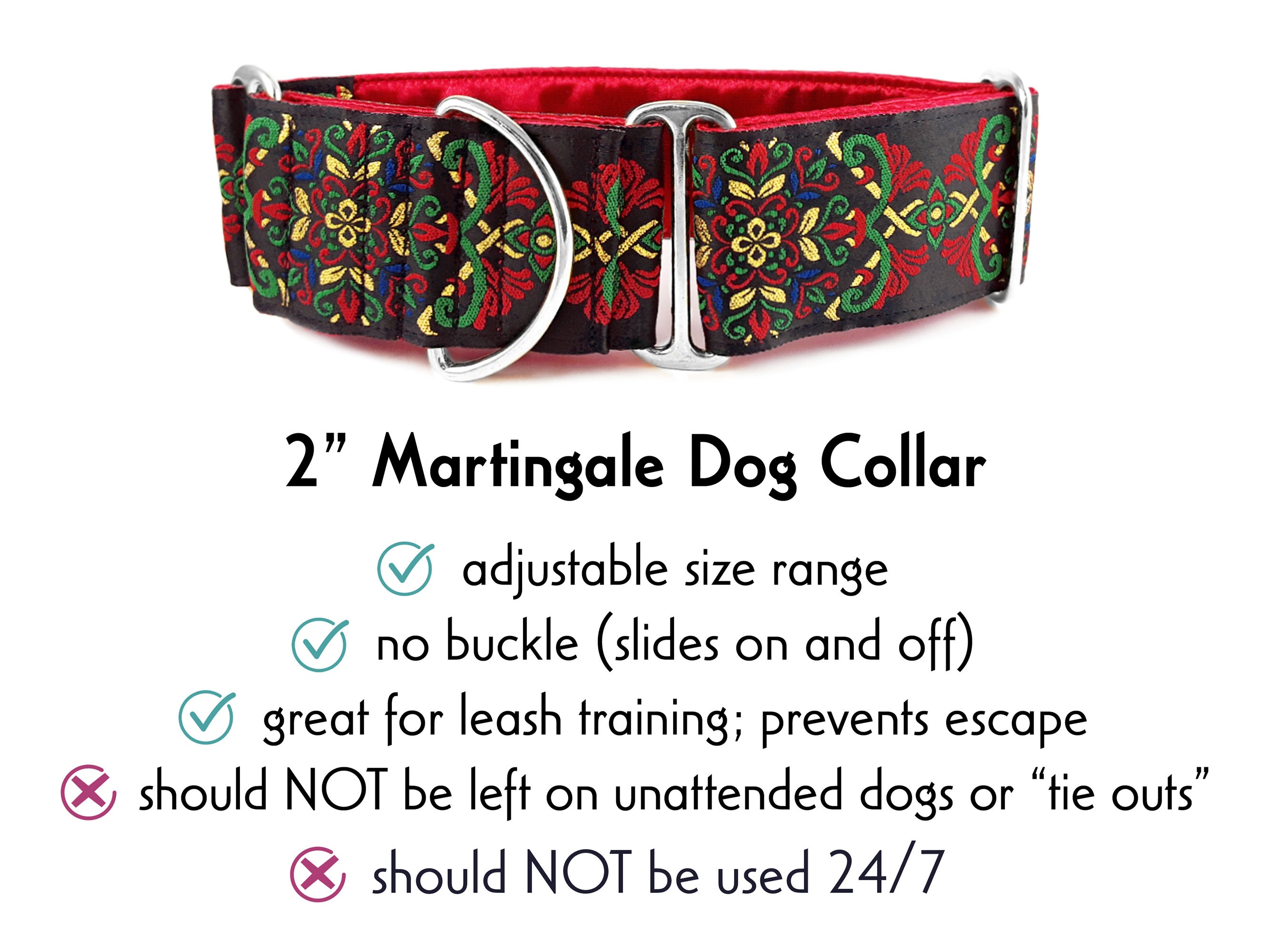 Shiraz Jacquard in Red Green Metallic Gold Martingale Dog Collar or Buckle Dog Collar 2 Width