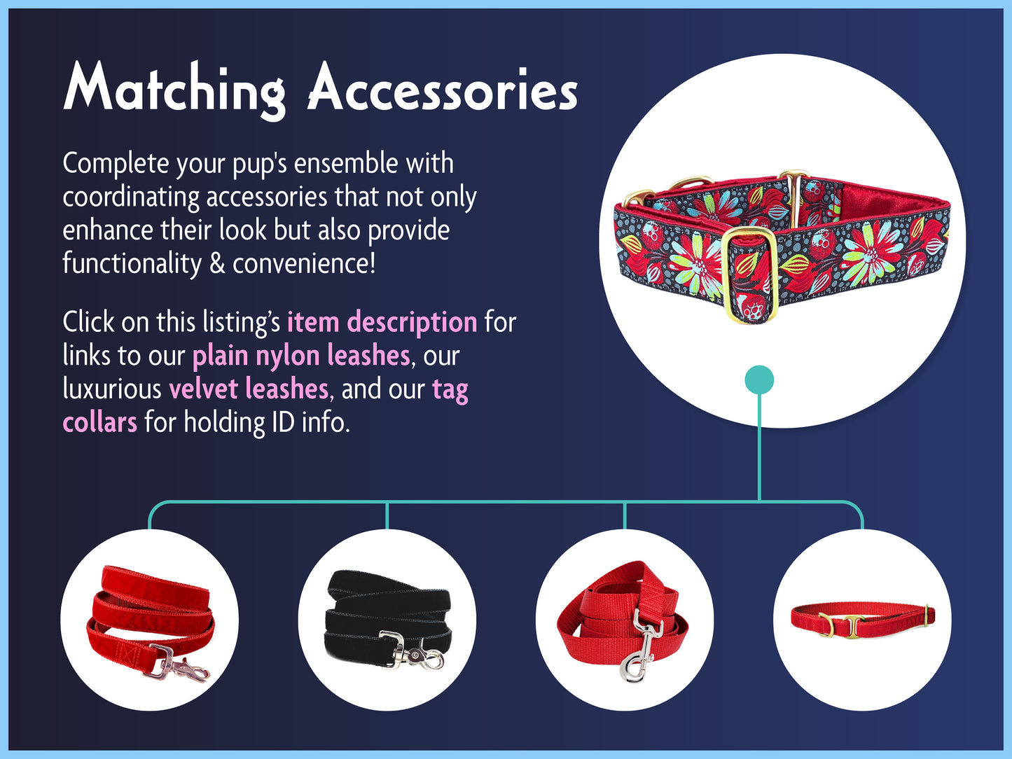 Matching Accessories for the 1.5 Inch Wide Pop Art Petals Dog Collar by The Hound Haberdashery