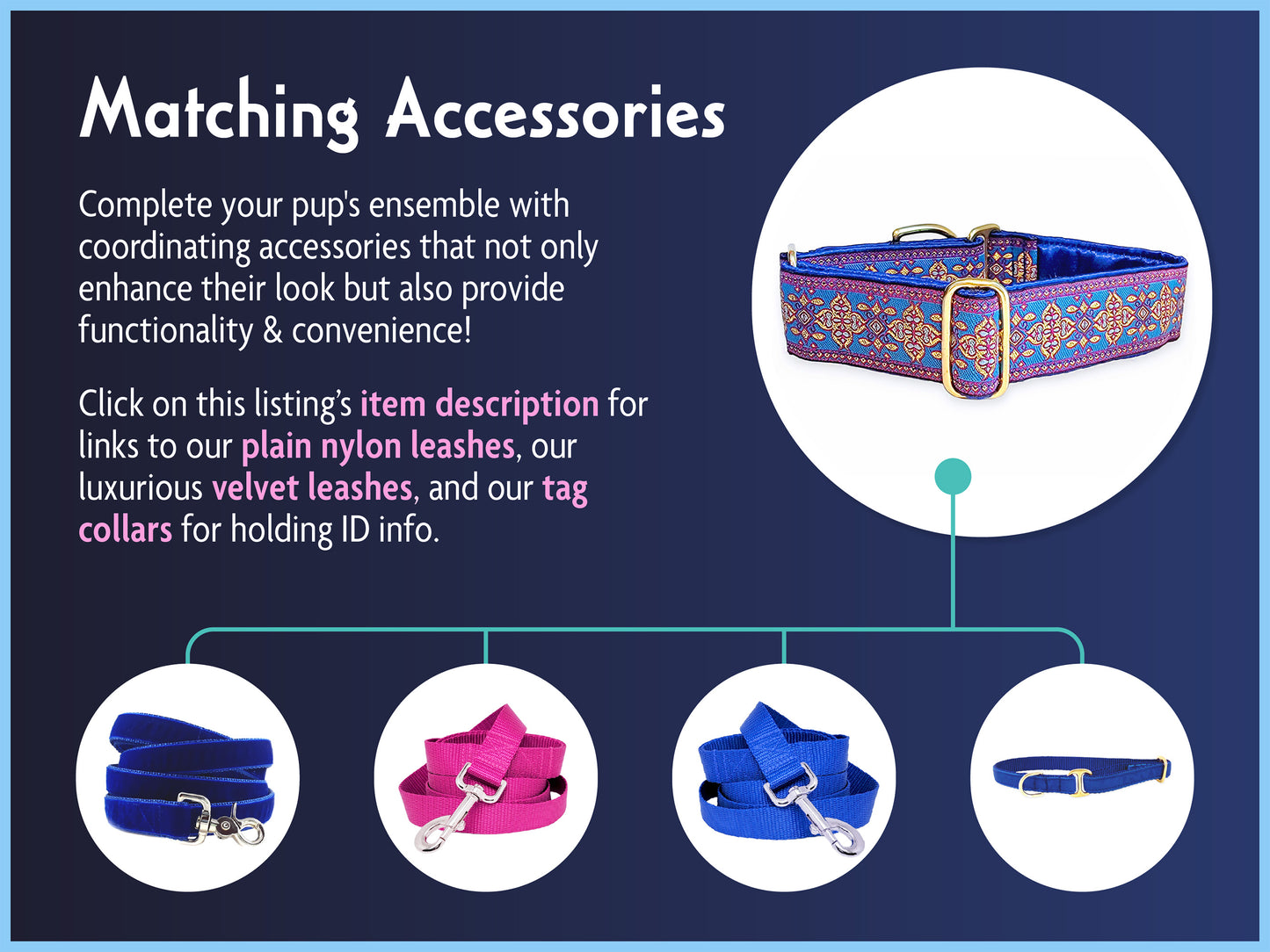 Matching Accessories for the 1.5 Inch Wide Blue, Pink, Gold Cashel Dog Collar by The Hound Haberdashery