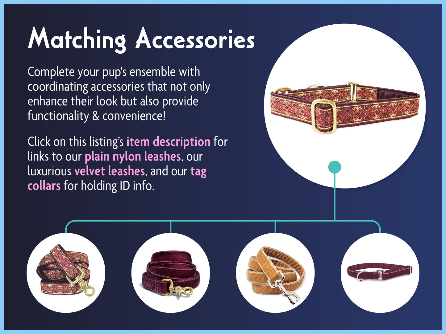 Matching Accessories for the 1 Inch Wide Burgundy, Gold Clifden Dog Collar by The Hound Haberdashery