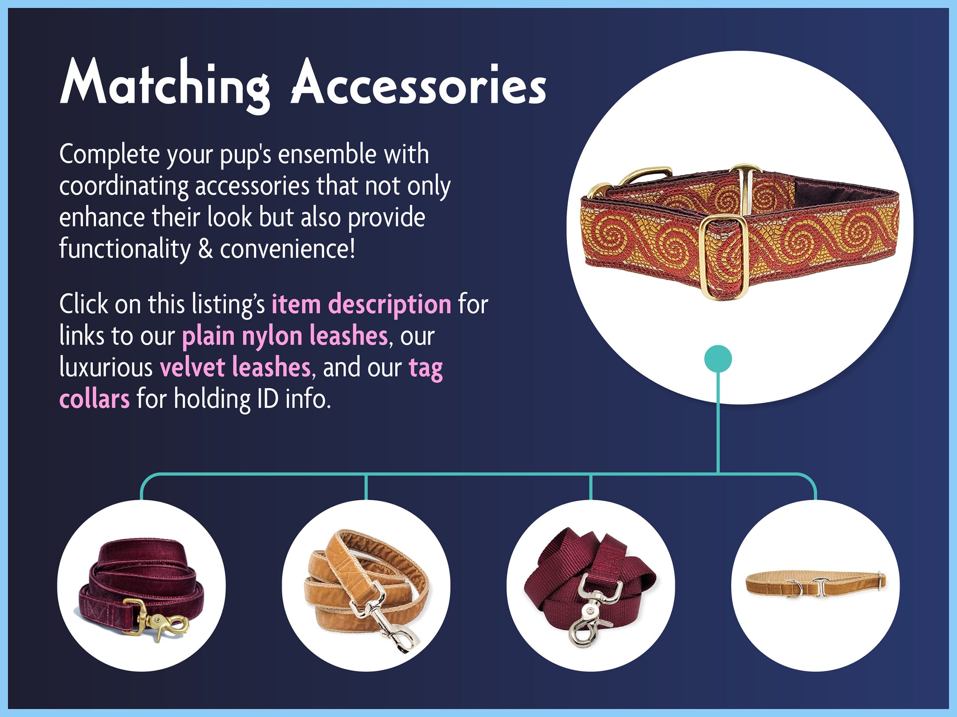 Matching Accessories for the 1.5 Inch Wide Burgundy Mosaic Scroll Dog Collar by The Hound Haberdashery