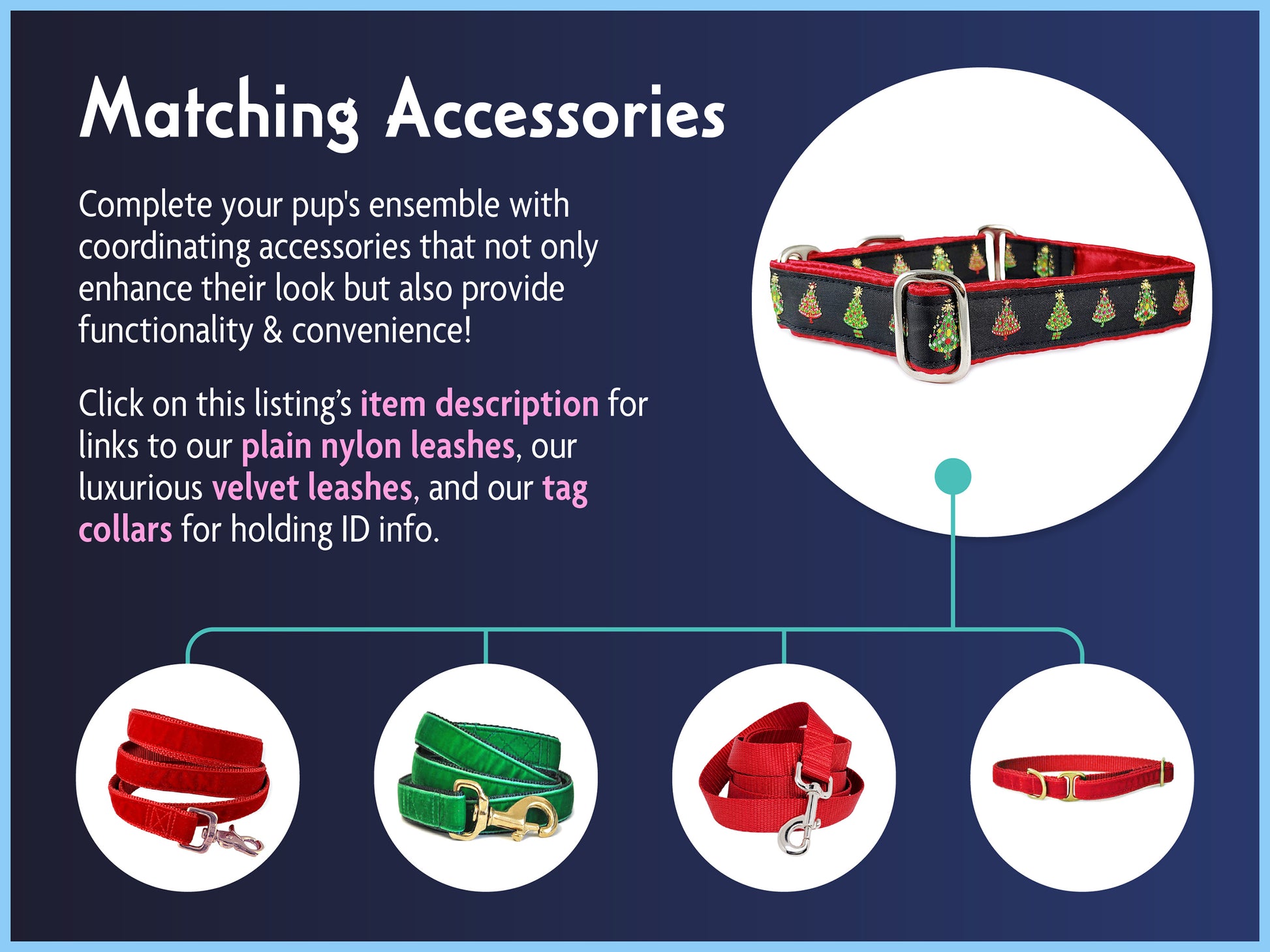 Matching Accessories for the 1 Inch Wide Christmas Trees Dog Collar by The Hound Haberdashery