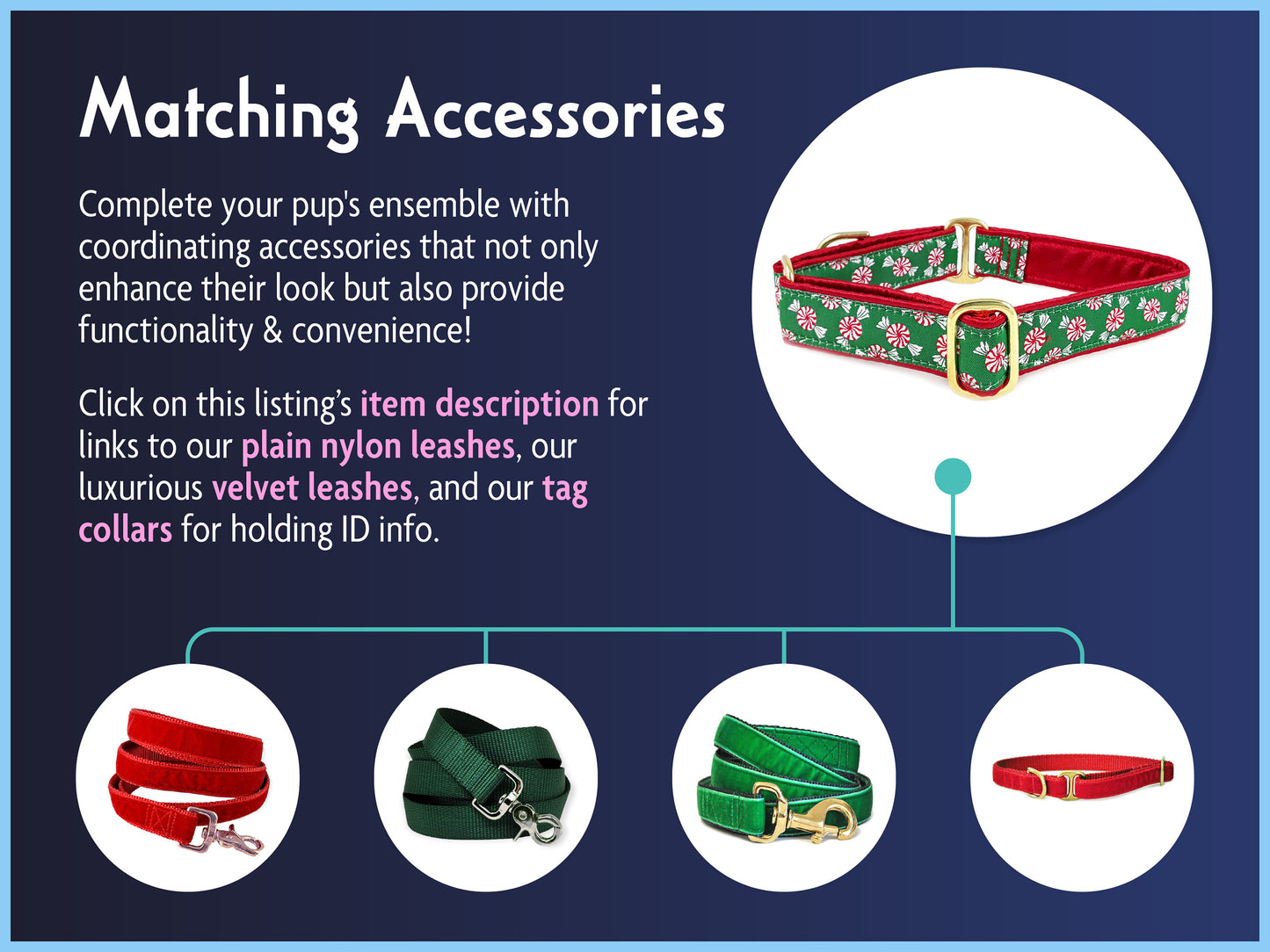 Matching Accessories for the 1 Inch Wide Christmas Peppermints Dog Collar by The Hound Haberdashery