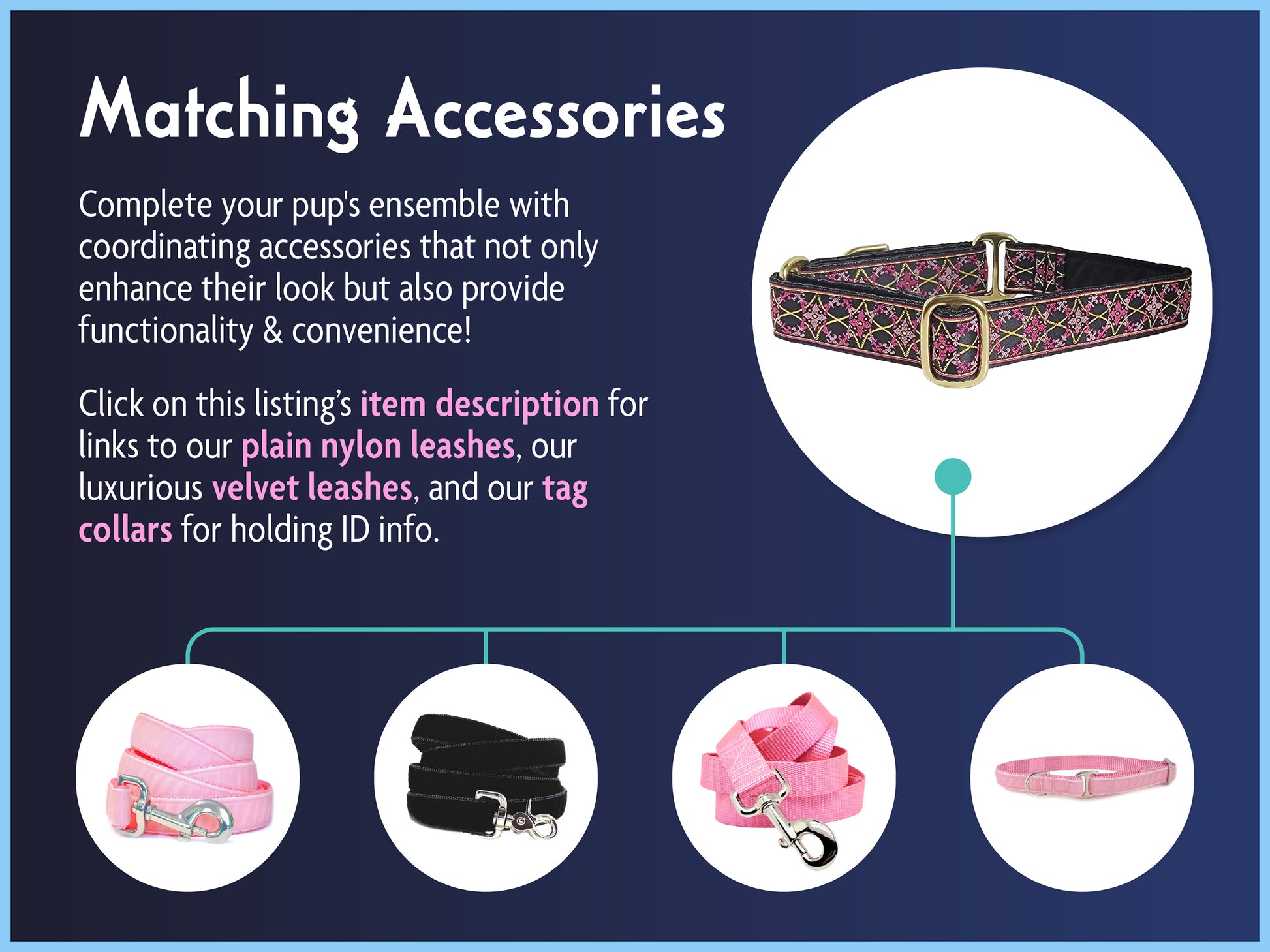 Matching Accessories for the 1 Inch Wide Pink, Gold Exeter Dog Collar by The Hound Haberdashery