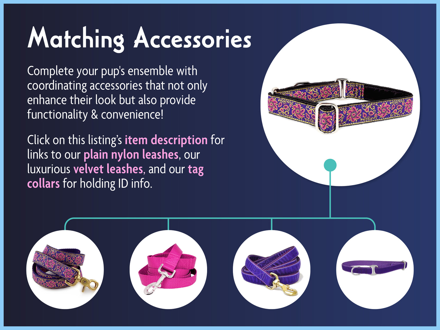 Matching Accessories for the 1 Inch Wide Purple, Pink, Gold Sevilla Dog Collar by The Hound Haberdashery