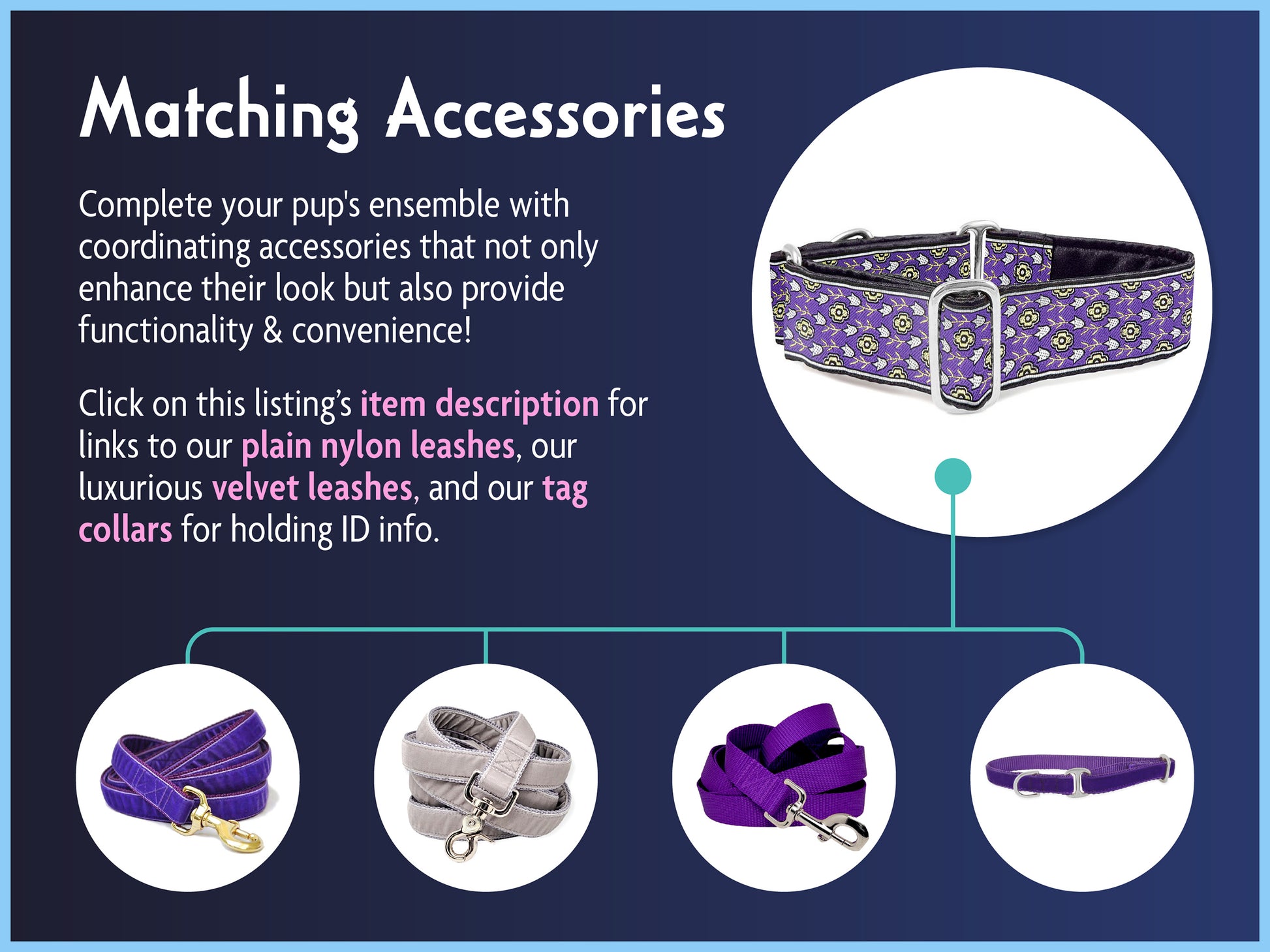 Matching Accessories for the 1.5 Inch Wide Purple Stratford Dog Collar by The Hound Haberdashery