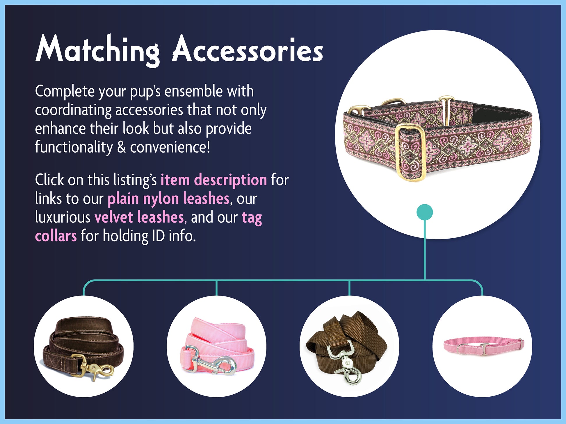 Matching Accessories for the 1.5 Inch Wide Brown, Pink Nobility Dog Collar by The Hound Haberdashery