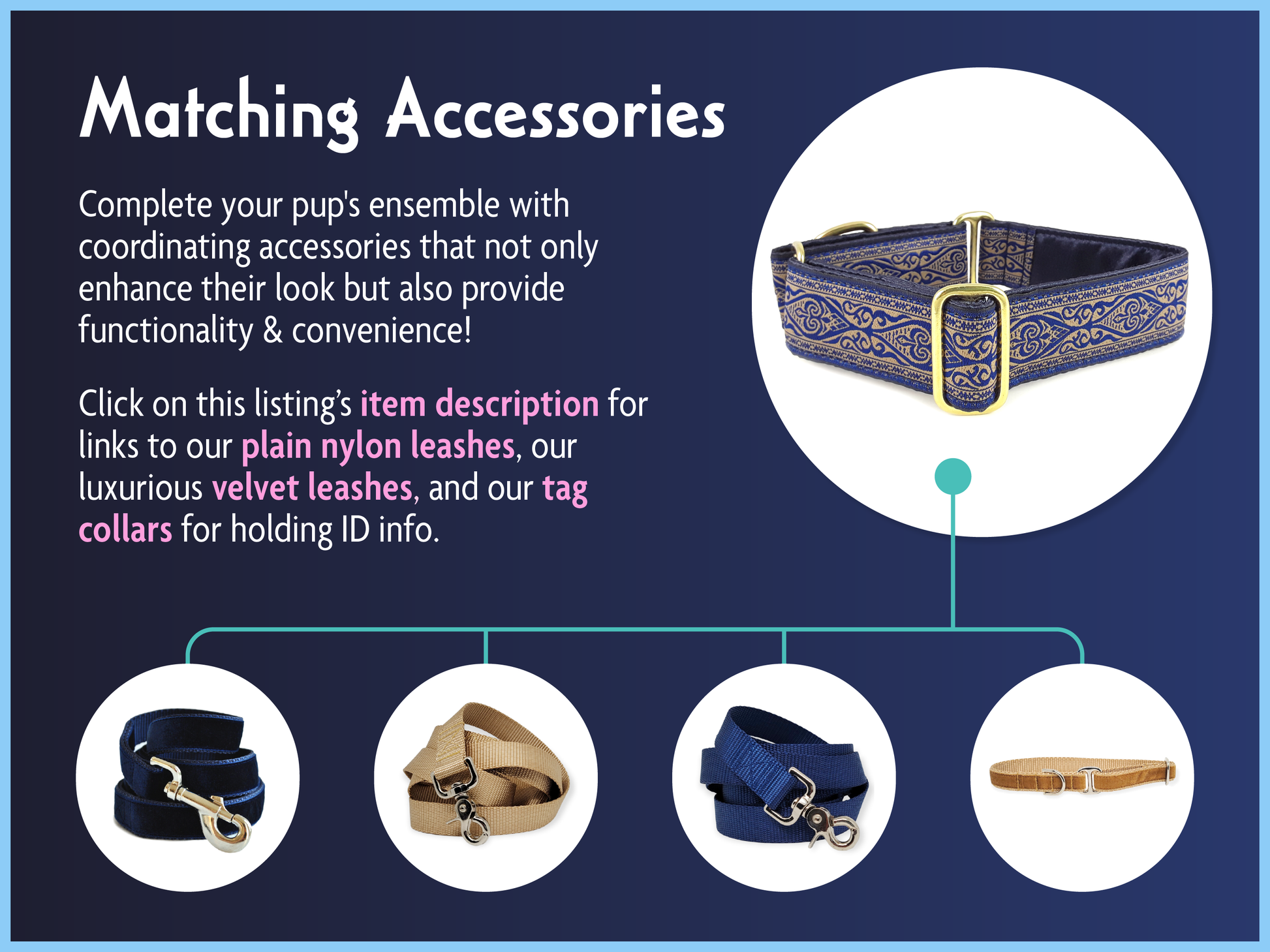 Matching Dog Accessories for the 1.5 Inch Wide Navy Canterbury Renaissance Dog Collar by The Hound Haberdashery