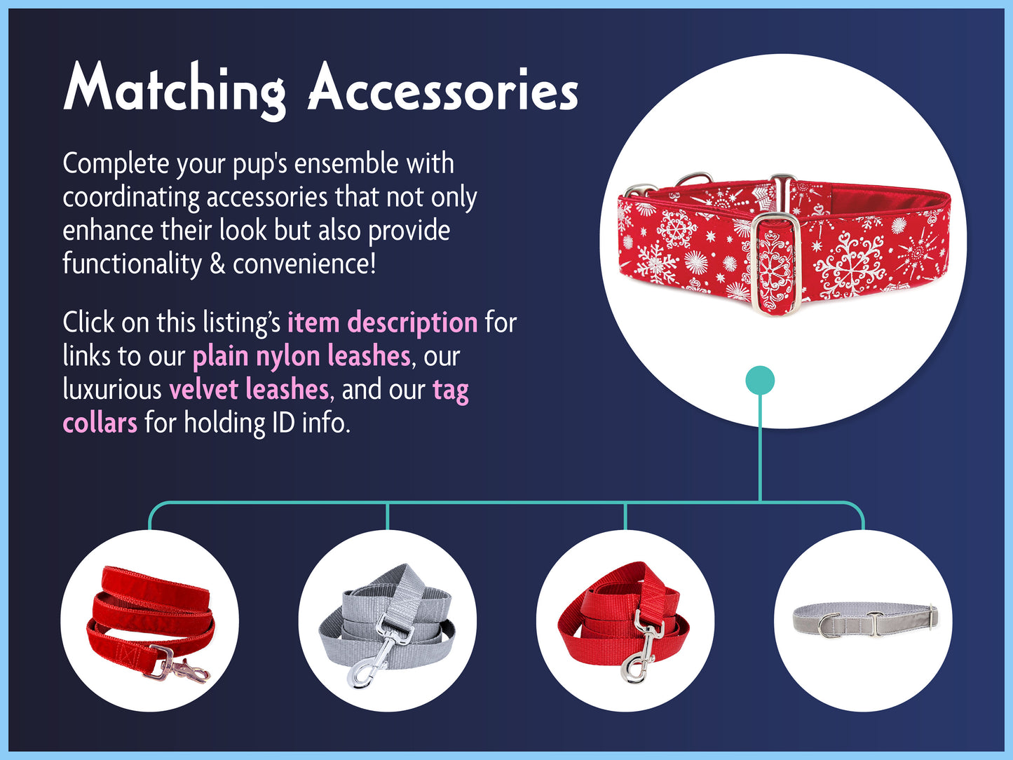 Matching Accessories for the 1.5 Inch Wide Red, Silver Snowflakes Dog Collar by The Hound Haberdashery