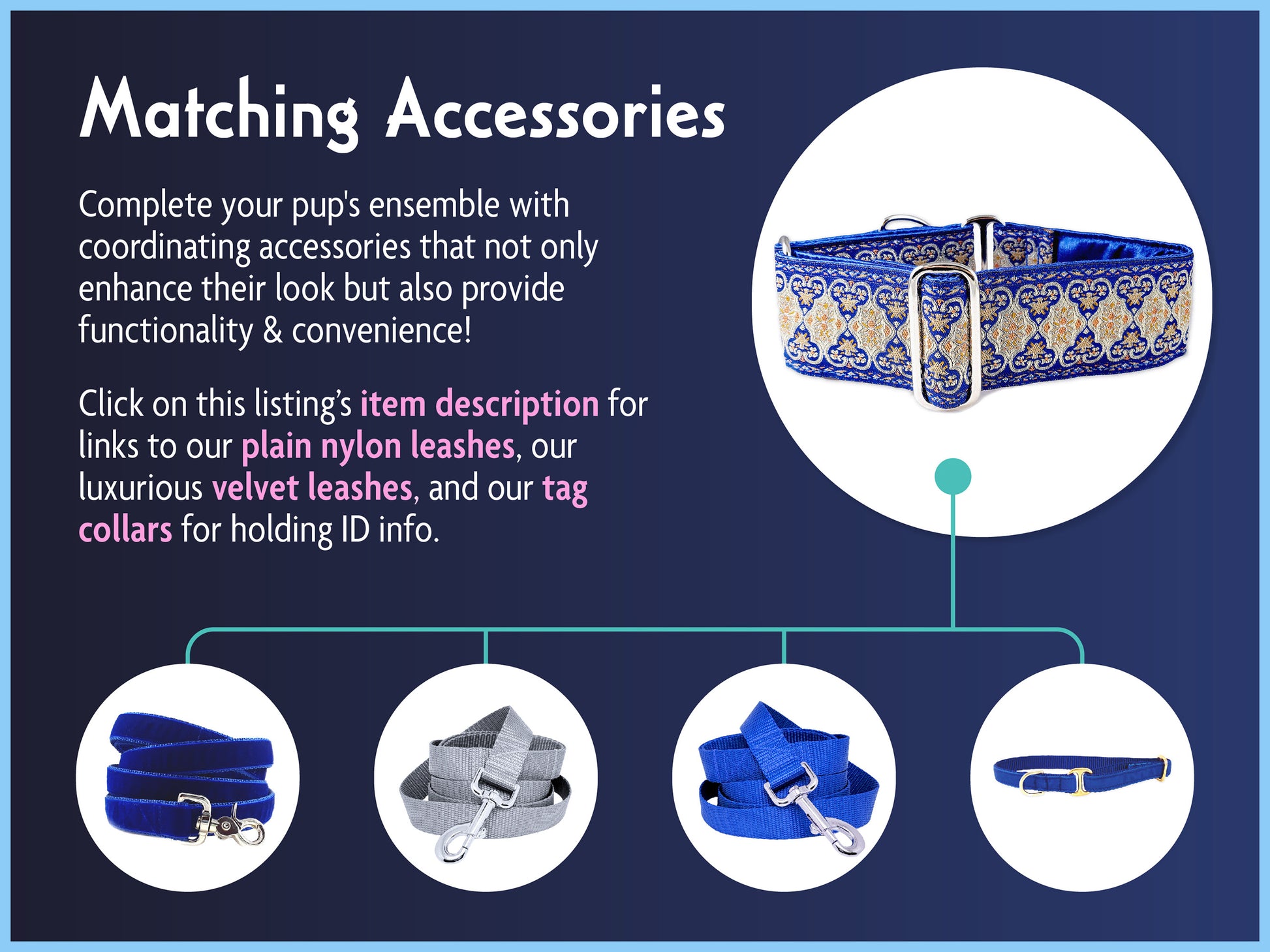 Matching Accessories for the 2 Inch Wide Blue Cairo Dog Collar by The Hound Haberdashery