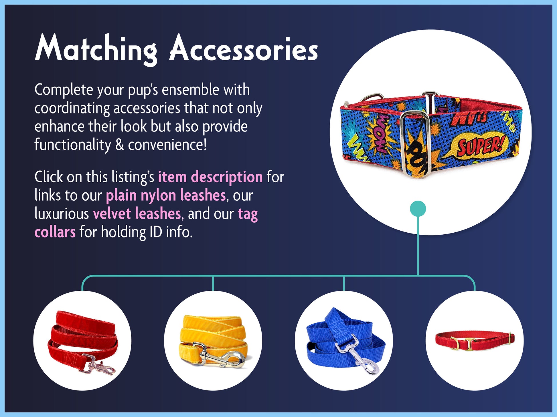 Matching Accessories for the 2 Inch Wide Classically Comic Dog Collar by The Hound Haberdashery