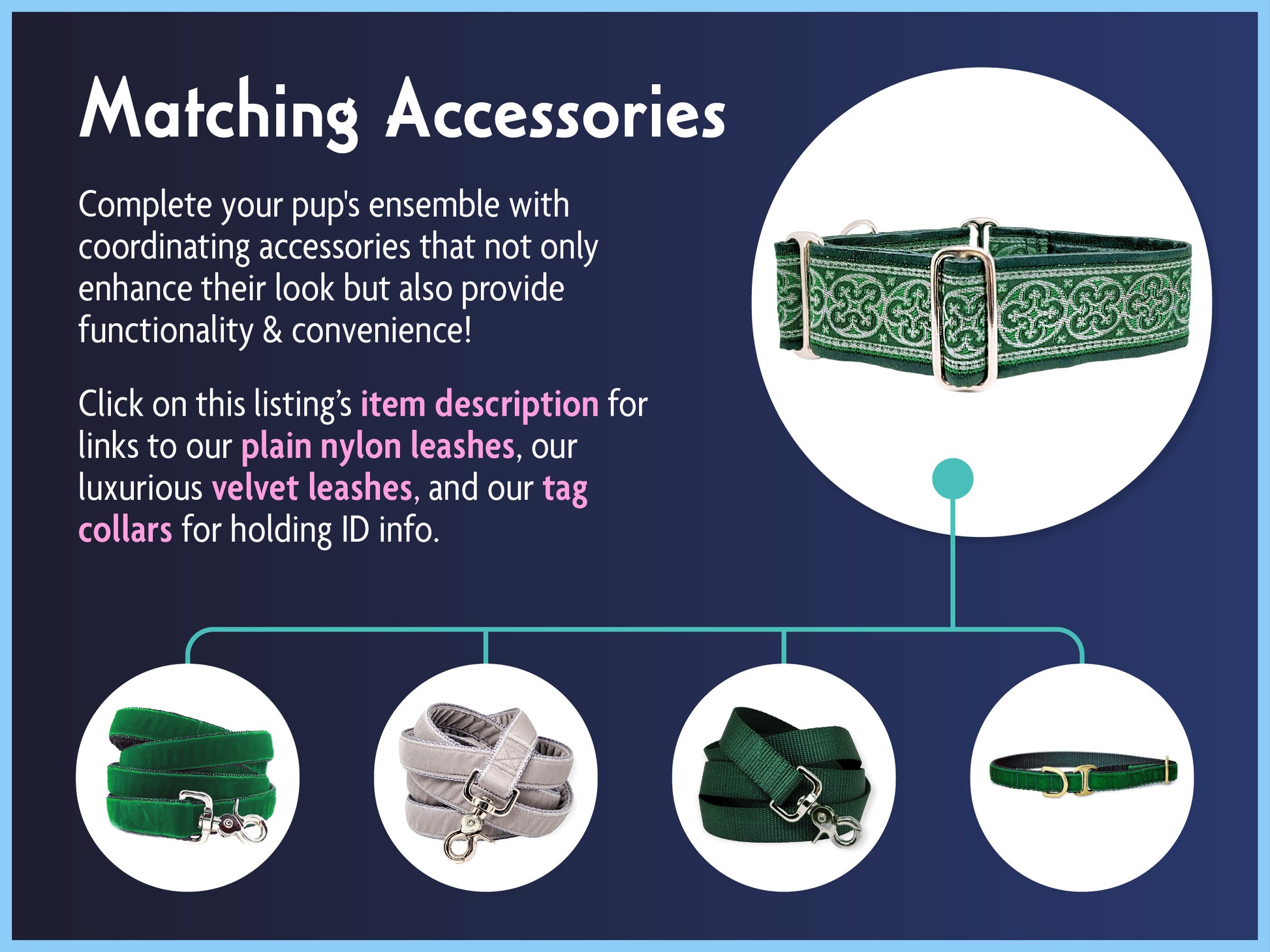 Matching Accessories for the 2 Inch Wide Green, Silver Celtic Cross Dog Collar by The Hound Haberdashery