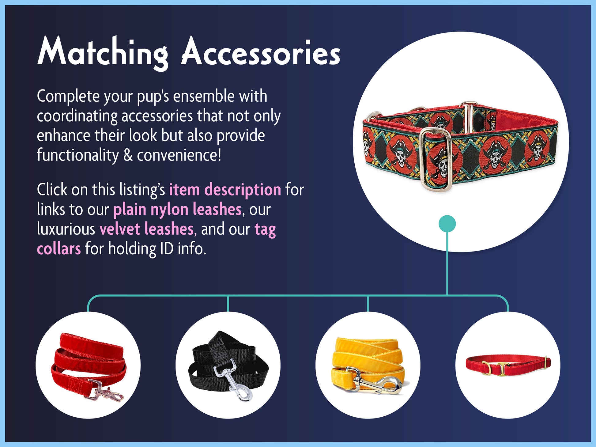 Matching Accessories for the 1.5 Inch Wide Red Pirates Dog Collar by The Hound Haberdashery