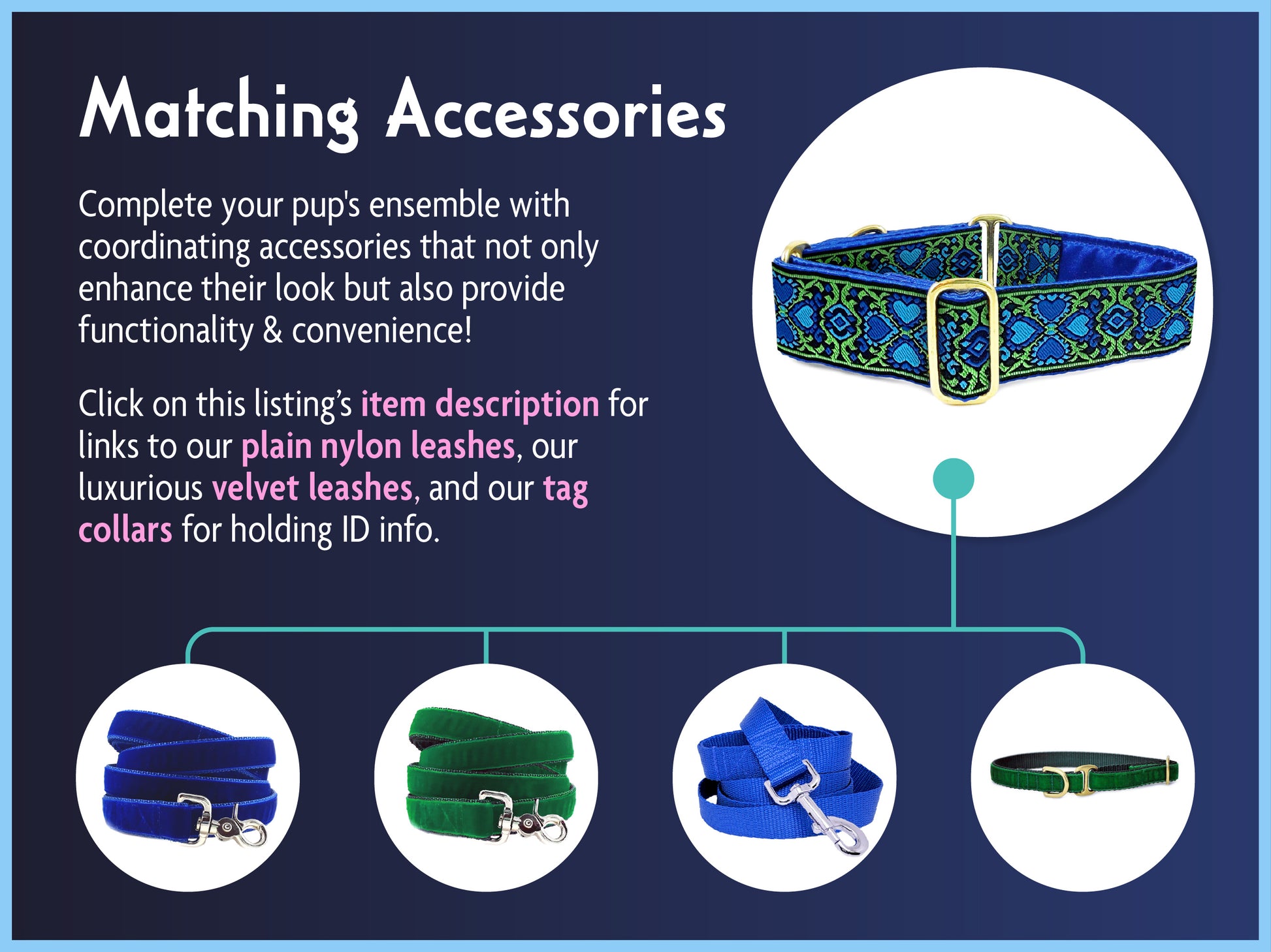 Matching Accessories for the 1.5 Inch Wide Blue, Green Éirinn Dog Collar by The Hound Haberdashery