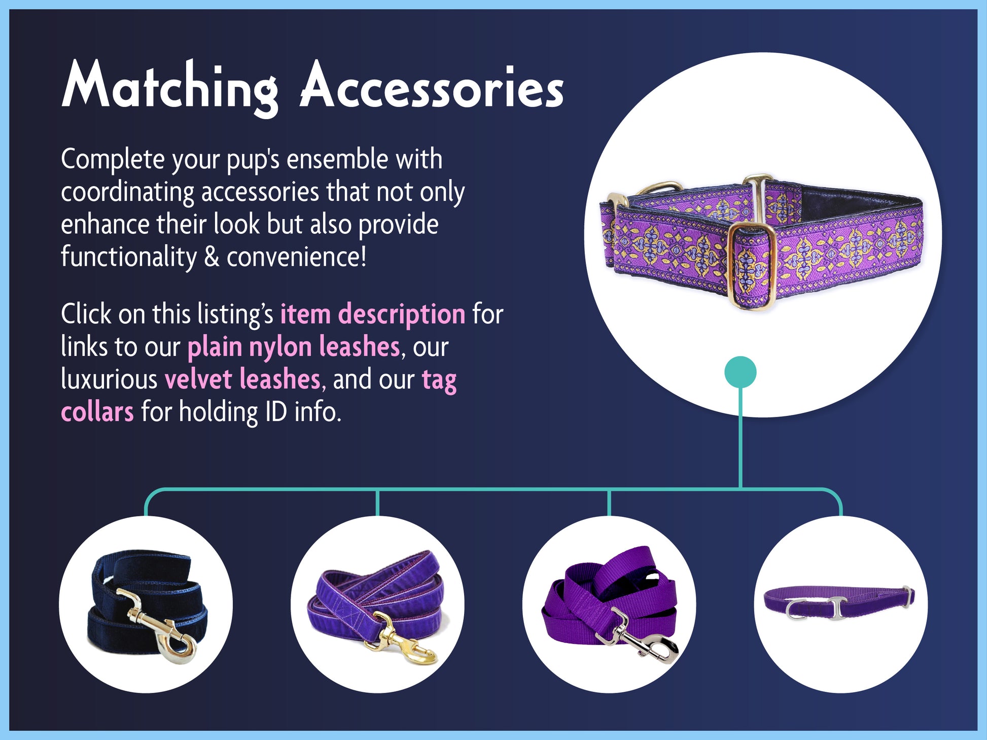 Matching Accessories for the 1.5 Inch Wide Purple Cashel Dog Collar by The Hound Haberdashery