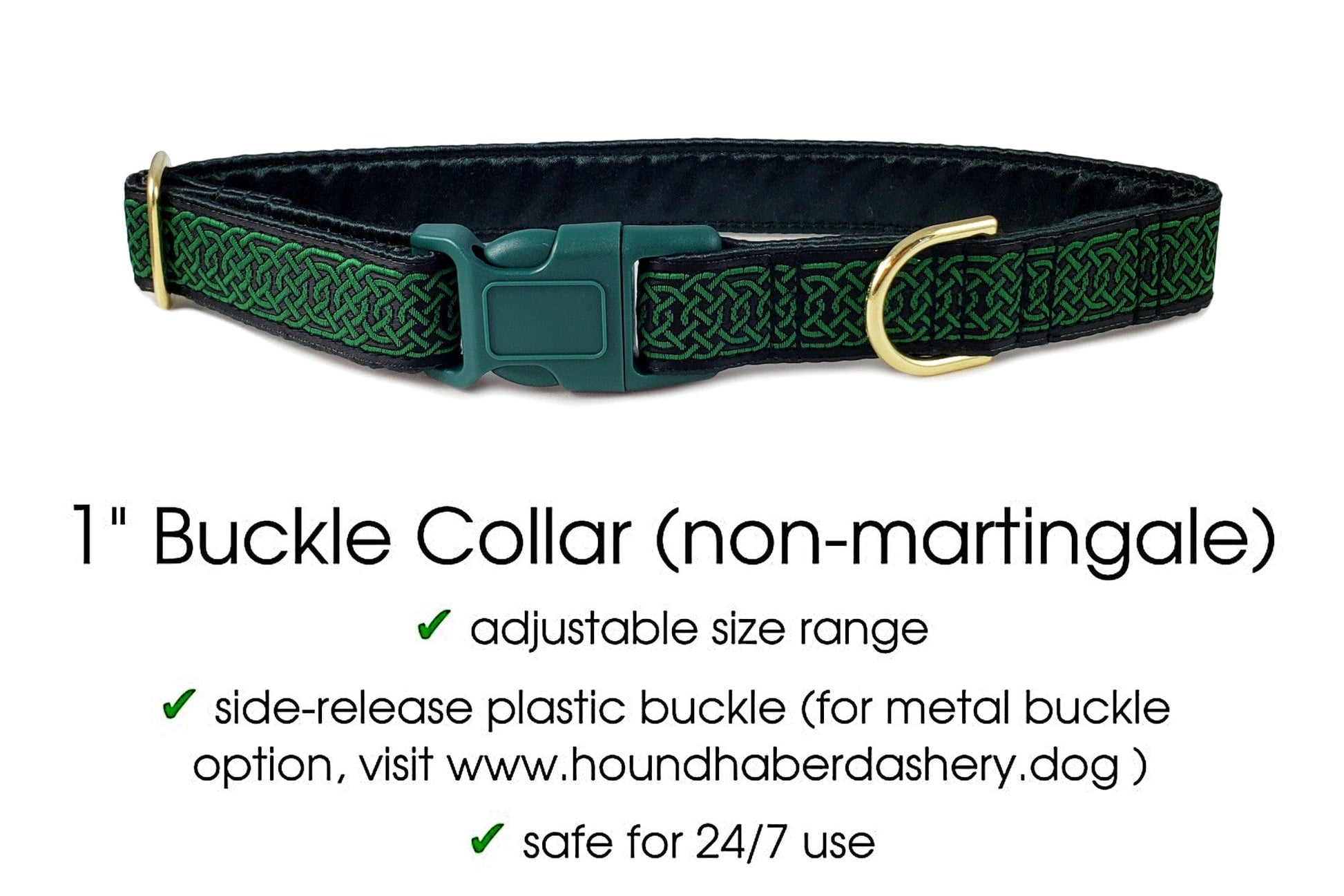 The Hound Haberdashery Collar Wexford Jacquard in Black & Green - Martingale Dog Collar or Buckle Dog Collar - 1" Width